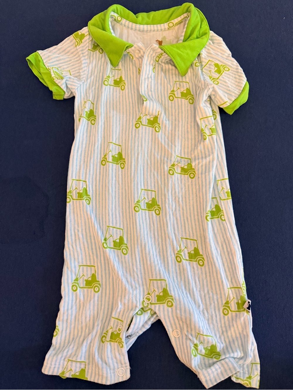 Green Golf Cart Print Short-Sleeve Baby One-Piece with Lime Trim